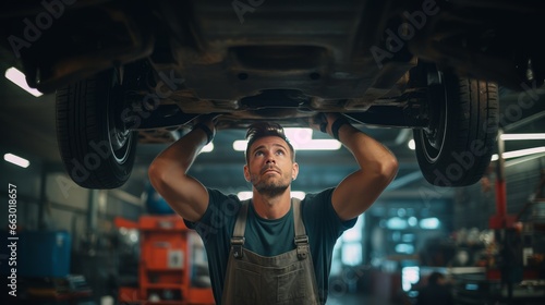 Male car mechanic worker working and repairing, performing maintenance under lifted car. Auto car repair service, maintenance concept photo