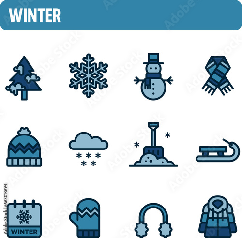 Winter icons. Winter solstice vector set. Color icon design. Cold and snow season.