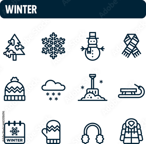 Winter icons. Winter solstice vector set. Outline icon design. Cold and snow season.