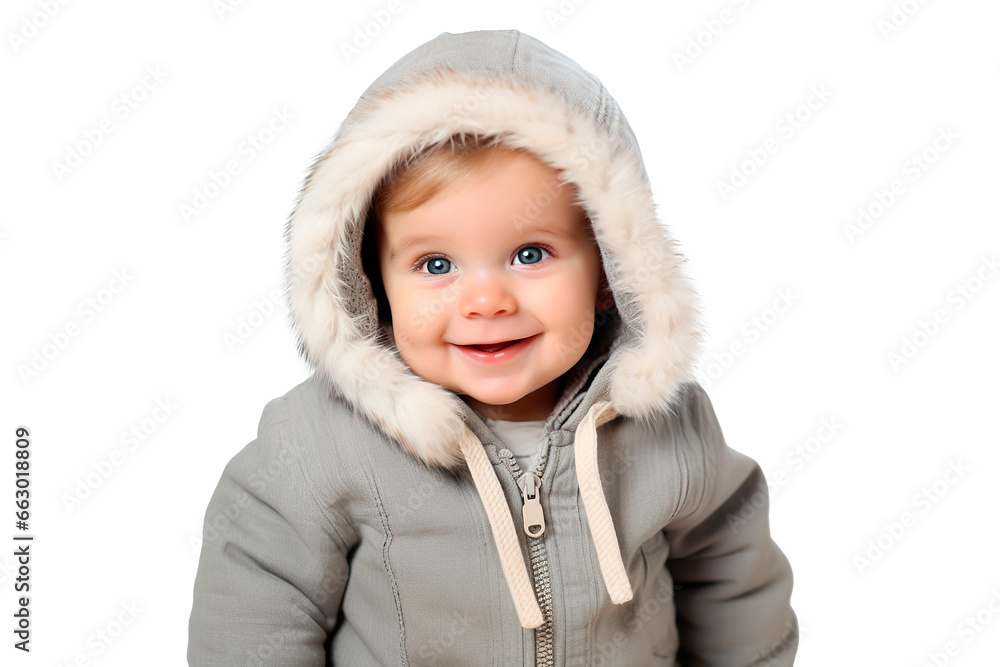Caucasian adorable baby boy wearing warm winter jacket and smiling. Portrait over isolated transparent background Caucasian adorable baby boy wearing warm winter jacket and smiling. Portrait over isolated transparent background