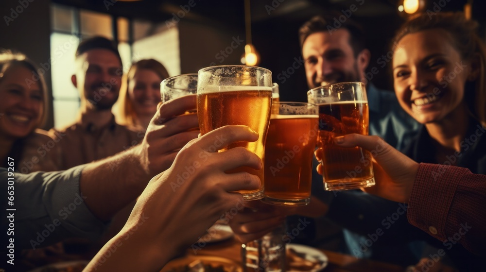Close friends in a bustling pub, raising their glasses for a toast amidst lively conversations and laughter.
