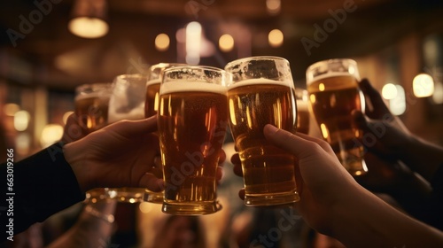 Close friends in a bustling pub, raising their glasses for a toast amidst lively conversations and laughter.