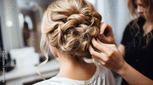 Woman styling her hair in a bun