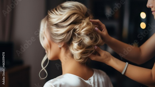 Woman styling her hair in a bun photo