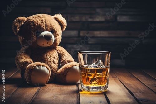 a teddy bear representing a child drinking whiskey alone to illustrate the issue of alcoholism in children. Generative AI photo