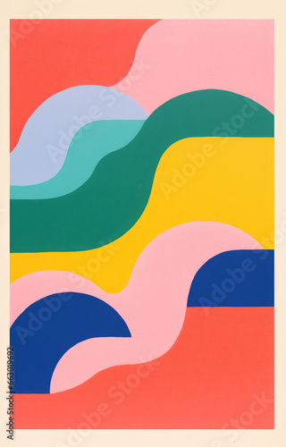 Beautiful abstract pattern of flowing pastel colours, overlapping forms, in a screenprint style retro design, perfect for trendy poster and graphic design elements - HD file with natural textures