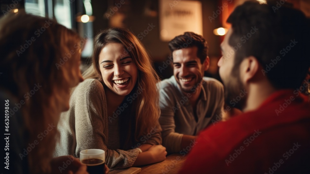 A group of friends laughing heartily in a cozy cafe, sharing stories over coffee, their joy evident. A group of friends laughing heartily in a cozy cafe, sharing stories over coffee, their joy evident.