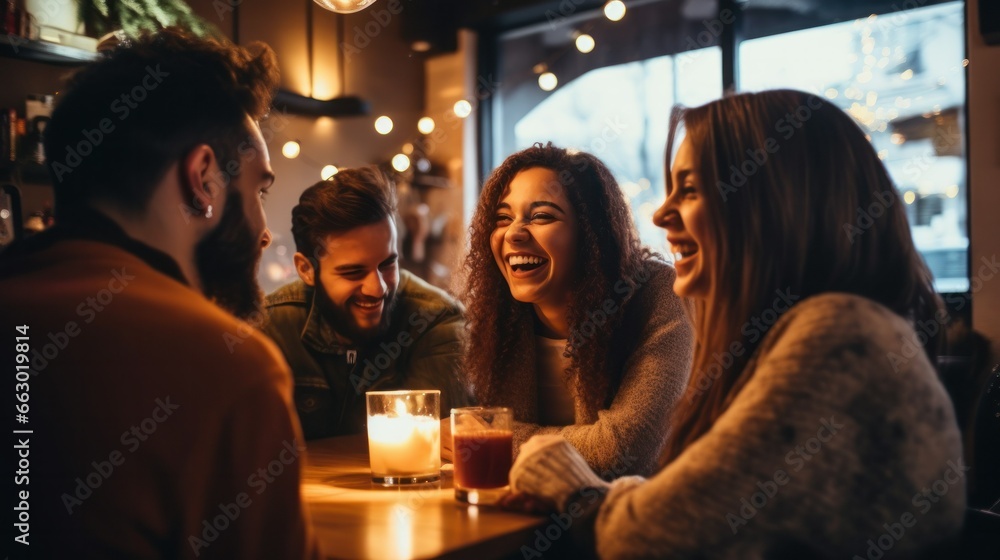 A group of friends laughing heartily in a cozy cafe, sharing stories over coffee, their joy evident. A group of friends laughing heartily in a cozy cafe, sharing stories over coffee, their joy evident.