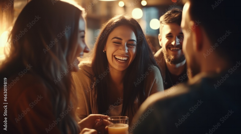 A group of friends laughing heartily in a cozy cafe, sharing stories over coffee, their joy evident.