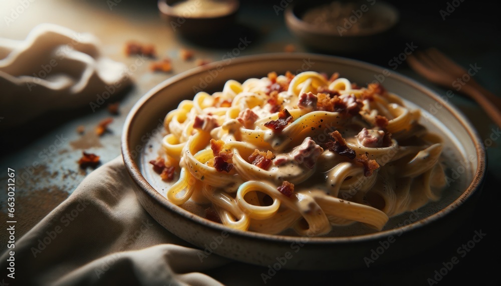 Creamy Pasta Carbonara on Rustic Background
Creamy Pasta Carbonara on Rustic Background
