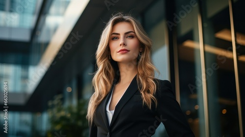 A professional woman in a sleek business suit steps out of a downtown high-rise, exuding confidence and sophistication.