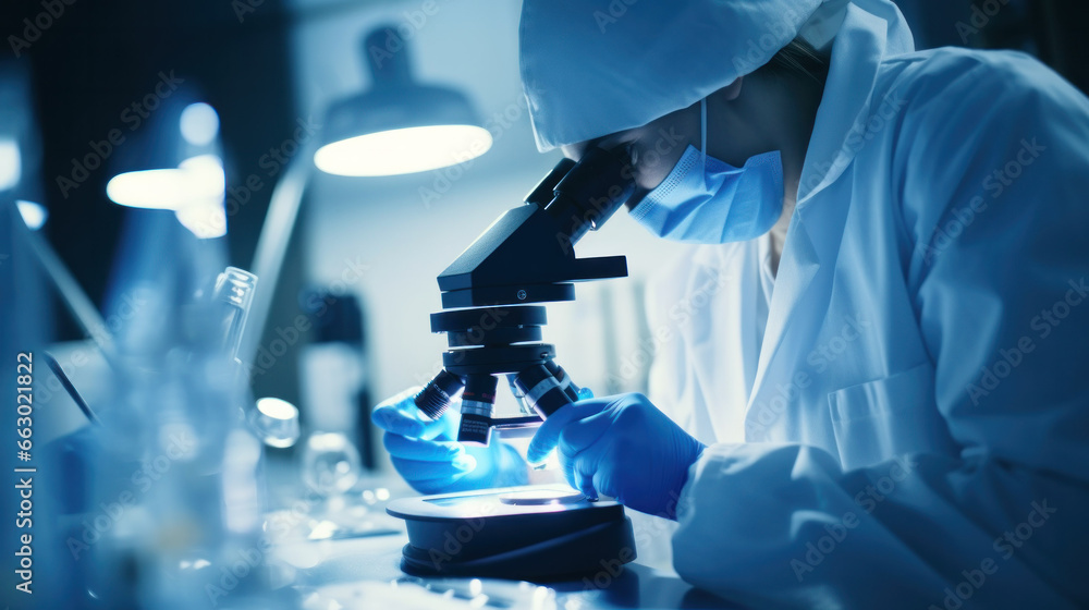 A medical researcher in a lab, examining a new sample under a microscope, on the verge of a breakthrough. A medical researcher in a lab, examining a new sample under a microscope, on the verge of a breakthrough.