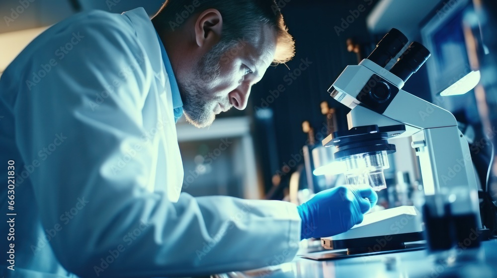 A medical researcher in a lab, examining a new sample under a microscope, on the verge of a breakthrough. A medical researcher in a lab, examining a new sample under a microscope, on the verge of a breakthrough.