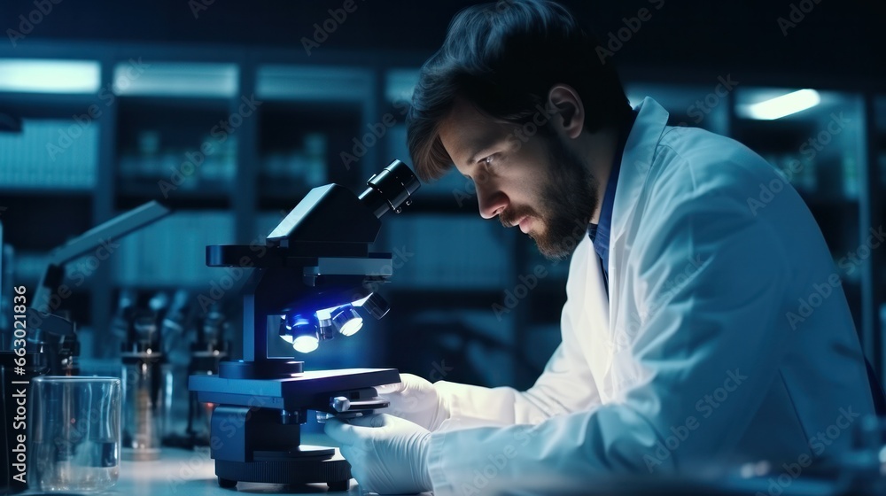 A medical researcher in a lab, examining a new sample under a microscope, on the verge of a breakthrough. A medical researcher in a lab, examining a new sample under a microscope, on the verge of a breakthrough.