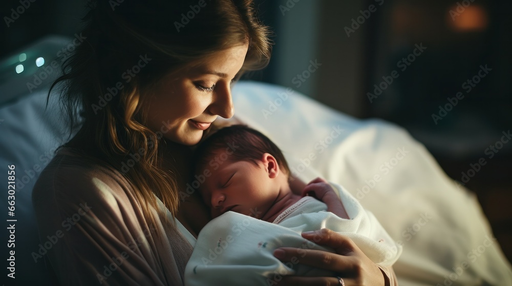 A new mother in a hospital bed, holding her newborn baby for the first time, overwhelmed with emotion. A new mother in a hospital bed, holding her newborn baby for the first time, overwhelmed with emotion.