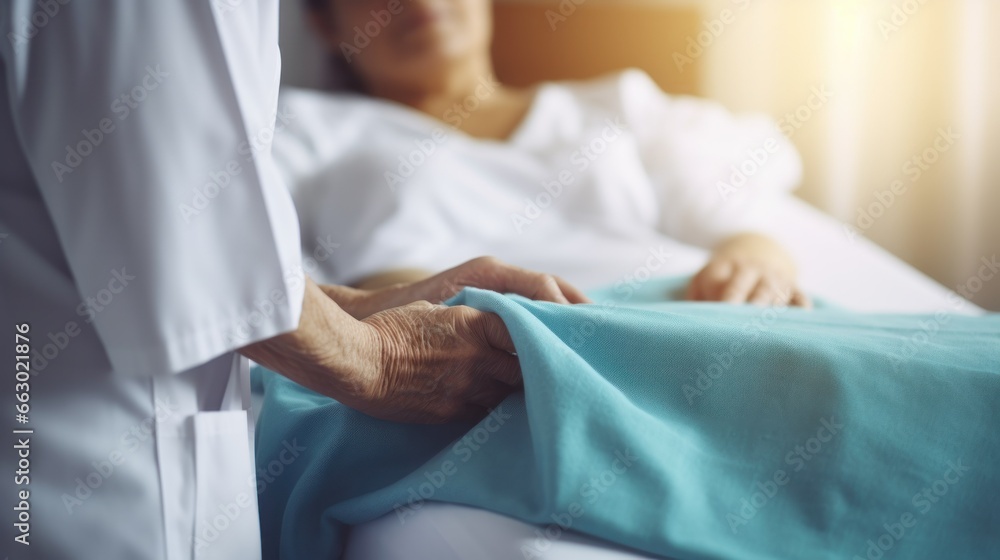 custom made wallpaper toronto digitalA nurse in a hospital room, gently adjusting the blanket of an elderly patient, showing care and empathy.