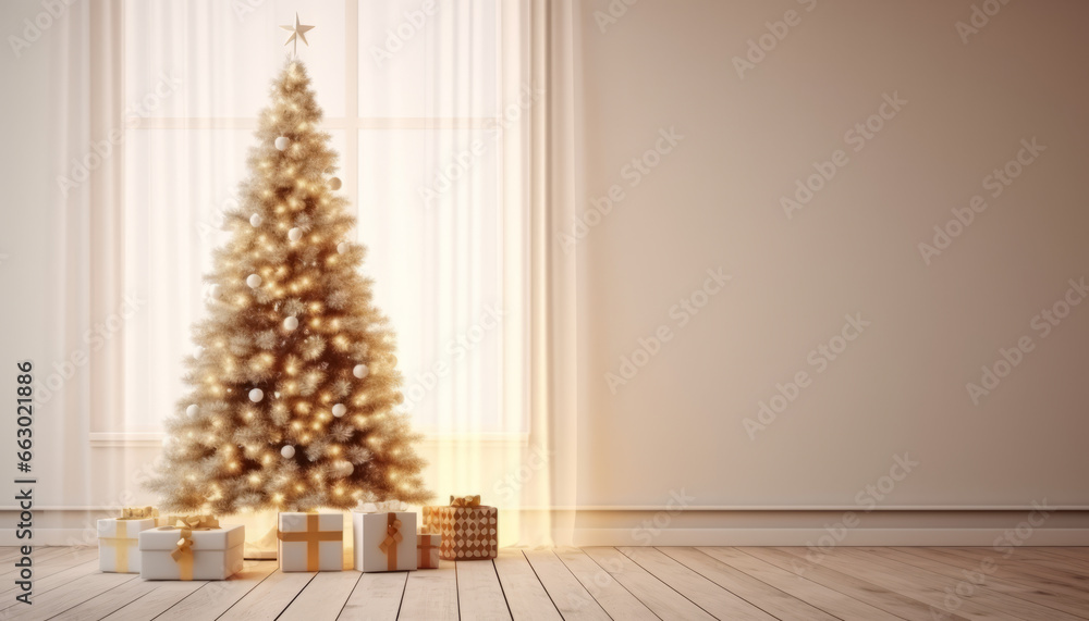 The Christmas tree standing on the wooden floor against a blank wall The Christmas tree standing on the wooden floor against a blank wall