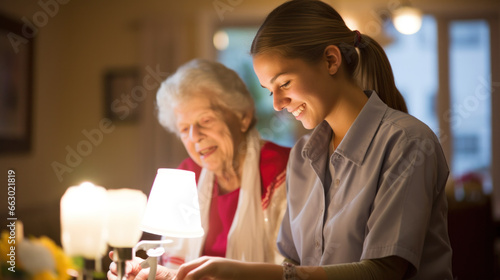 A health aide at a patient's home, assisting with personal care tasks, offering support and companionship. photo