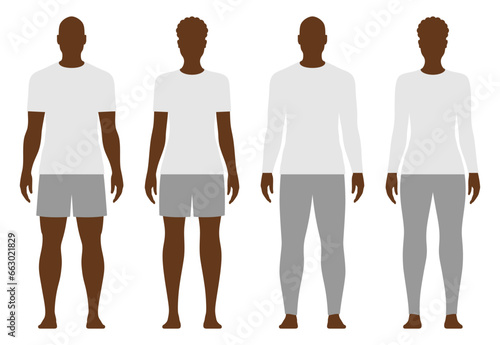 Black man and woman dressed in long and short sleeve shirts, panties, and shorts, isolated on white background. Vector set of different size underware clothing.