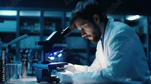 A medical researcher in a lab, examining a new sample under a microscope, on the verge of a breakthrough.