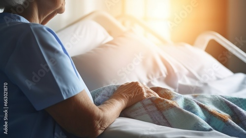 A nurse in a hospital room, gently adjusting the blanket of an elderly patient, showing care and empathy.