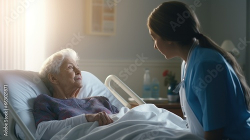 A nurse in a hospital room, gently adjusting the blanket of an elderly patient, showing care and empathy. photo