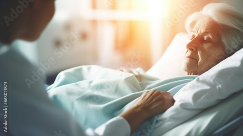 A nurse in a hospital room, gently adjusting the blanket of an elderly patient, showing care and empathy.