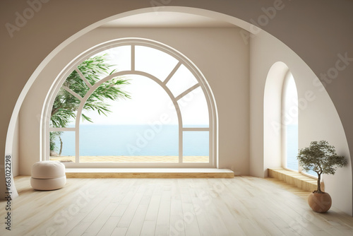 Beige Interior space with arch window design on sea view background  blank architecture with wood laminate floor. Generative AI