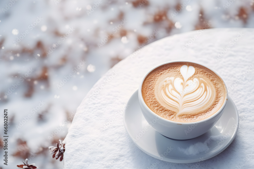 Hot of coffee cup with latte art on outdoor table and winter snow background. Aroma, enjoy beverage, Relax on vacation with hot drinks. - obrazy, fototapety, plakaty 