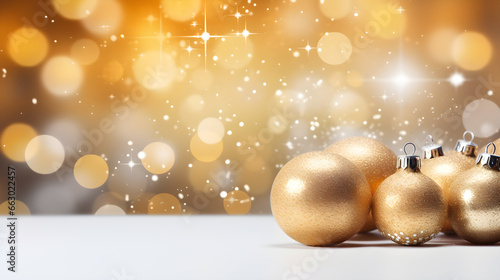 Christmas and New Year holidays background, posters, greeting cards, Christmas glitter golden ball with copy space and blurred bokeh background.