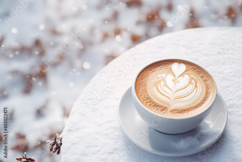 Leinwand Poster Hot of coffee cup with latte art on outdoor table and winter snow background