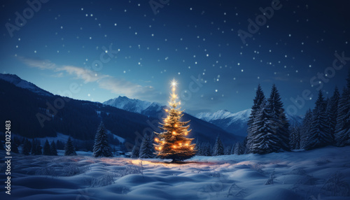 The illuminated Christmas tree in a winter landscape at blue hour © Alienmonster Images