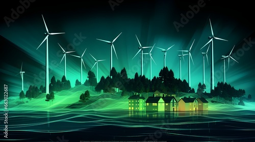 A cluster of windmills standing tall in the water, harnessing sustainable energy, green colors, showcasing green technology, Created with Generative AI Technology 