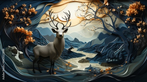 Deer Themed 3D Wallpaper Art in Stylish Dark Blue photo