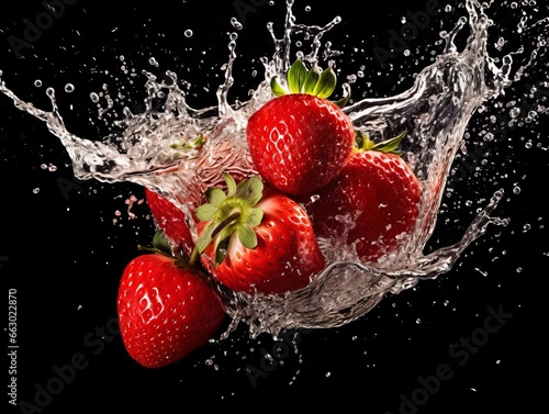 strawberry in water splash with black bakground