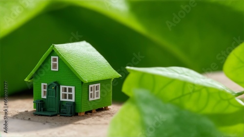 葉の上のミニチュアモデルハウスのクローズアップ、持続可能なエコロジーな暮らし｜Close-up of miniature model house on leaves. sustainable ecological living. Generative AI