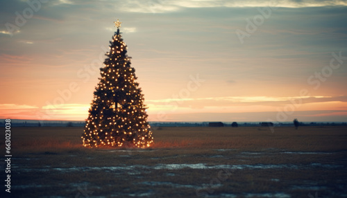 The illuminated Christmas tree in a landscape at sunset photo