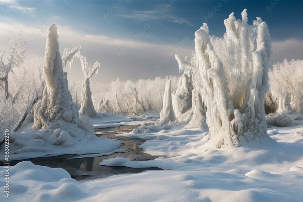 Imaginative landscape of ice and snow. Generative AI