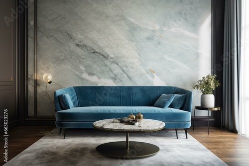Contemporary lounge with blue couch, coffee and work tables against stylish marble wall. Generative AI
