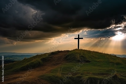 Cross on hill with dramatic sky. Generative AI