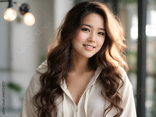 A young korean woman with long wavy hair smiling