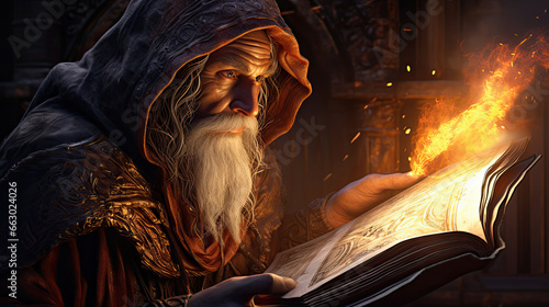 a wizard reading a book about spells.