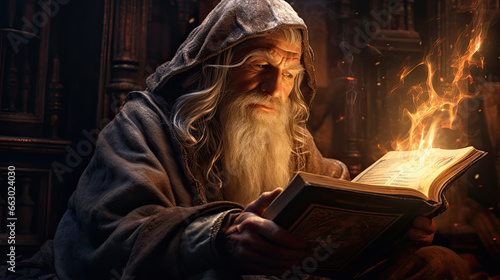 a wizard reading a book about spells.