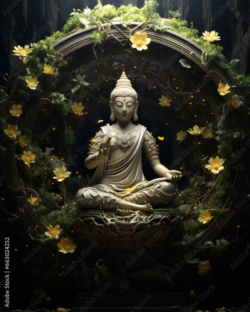 A meditating buddha figure is surrounded by flowers and leaves