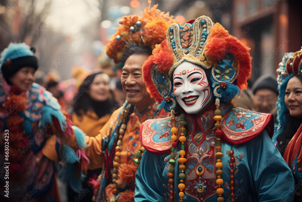 Vibrant Crowds Celebrating Chinese New Year in Colorful Costumes