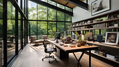 A contemporary home office with glass walls  the HD camera showcasing the transparent and open design that fosters a bright and collaborative workspace.