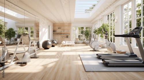 A bright and airy home gym with mirrored walls, the high-resolution camera capturing the spacious and energizing atmosphere of this workout space.