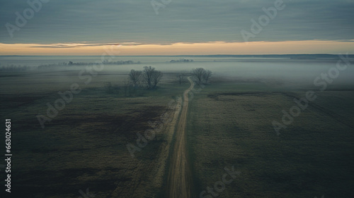 Aerial view an old rural dirt road leading to nowhere and shrouded in mist and fog.
