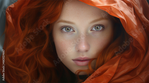Closeup studio portrait of a glamorous beautiful woman wearing a red cloak with a hood. Perfect skin and a fair complexion. Red hair.