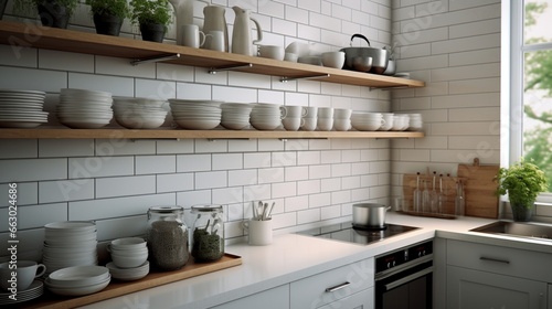 A contemporary kitchen with open shelving and subway tile walls, the HD camera emphasizing the clean and streamlined design, making meal preparation a joy. photo